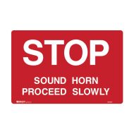 PF841611 Forklift Safety Sign - Stop Sound Horn Proceed Slowly 